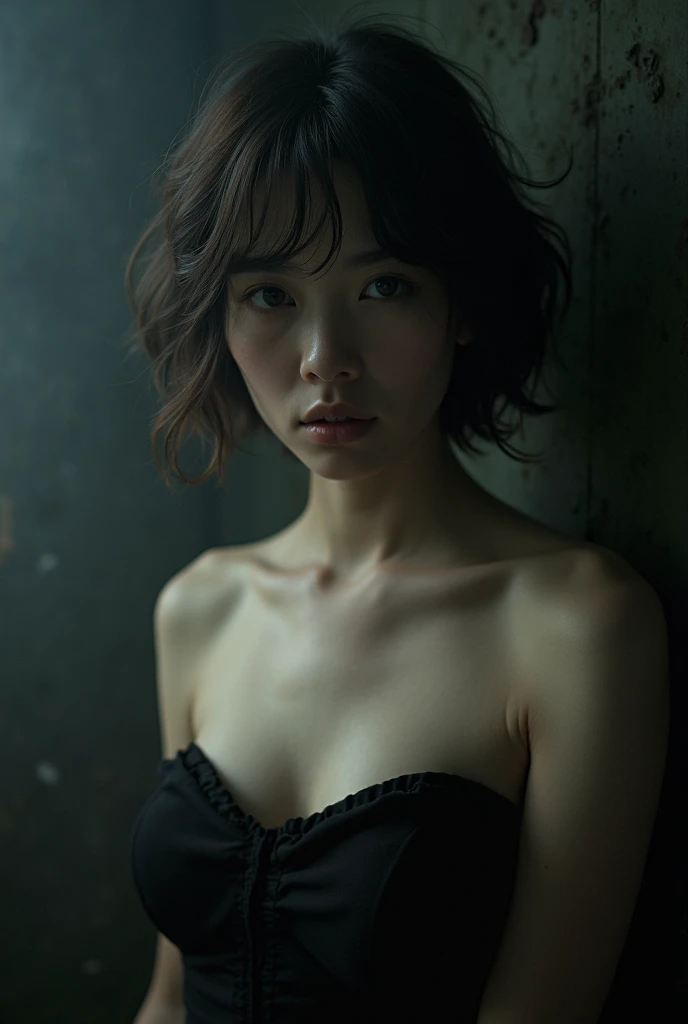 is best,  masterpiece,  Ultra High Resolution , (realistic photo:1.5),  original photo, 1 Girl,  strapless,  in the dark ,  Deep Shadows, Low profile, Cold Light,  sexy look,  short hair