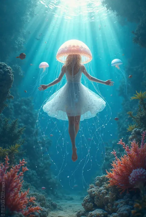 "A highly detailed 3D-style underwater scene deep in the ocean during daytime, with a zoomed-in perspective. Sunlight beams penetrate the crystal-clear water, casting a mystical glow. At the center, a surreal jellyfish with a translucent, flowing skirt-lik...