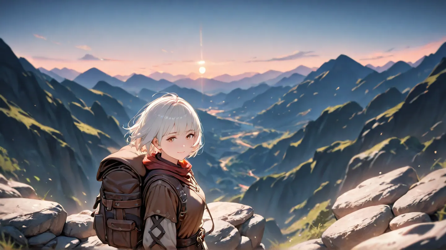  huge _very high resolution, high resolution,  masterpiece, recent, 1 female, white hair, light smile, Medieval Adventurer Outfit, short hair,  soft_light,  blurry , sunset, mountainous area, Backpack, Panoramic View, high resolution background, background...