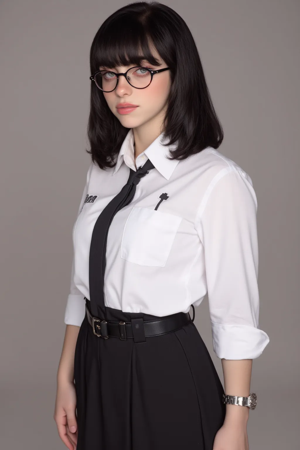  beautiful girl,  shiny black hair , wearing black rimmed glasses, medium bob, BEAUTIFUL POSTURE STAND, Nice gray eyes, watch, wear a white shirt, Short tight-fitting black skirt, White skin,  blurred background,  high quality, ((4K)), teacher,  beautiful ...