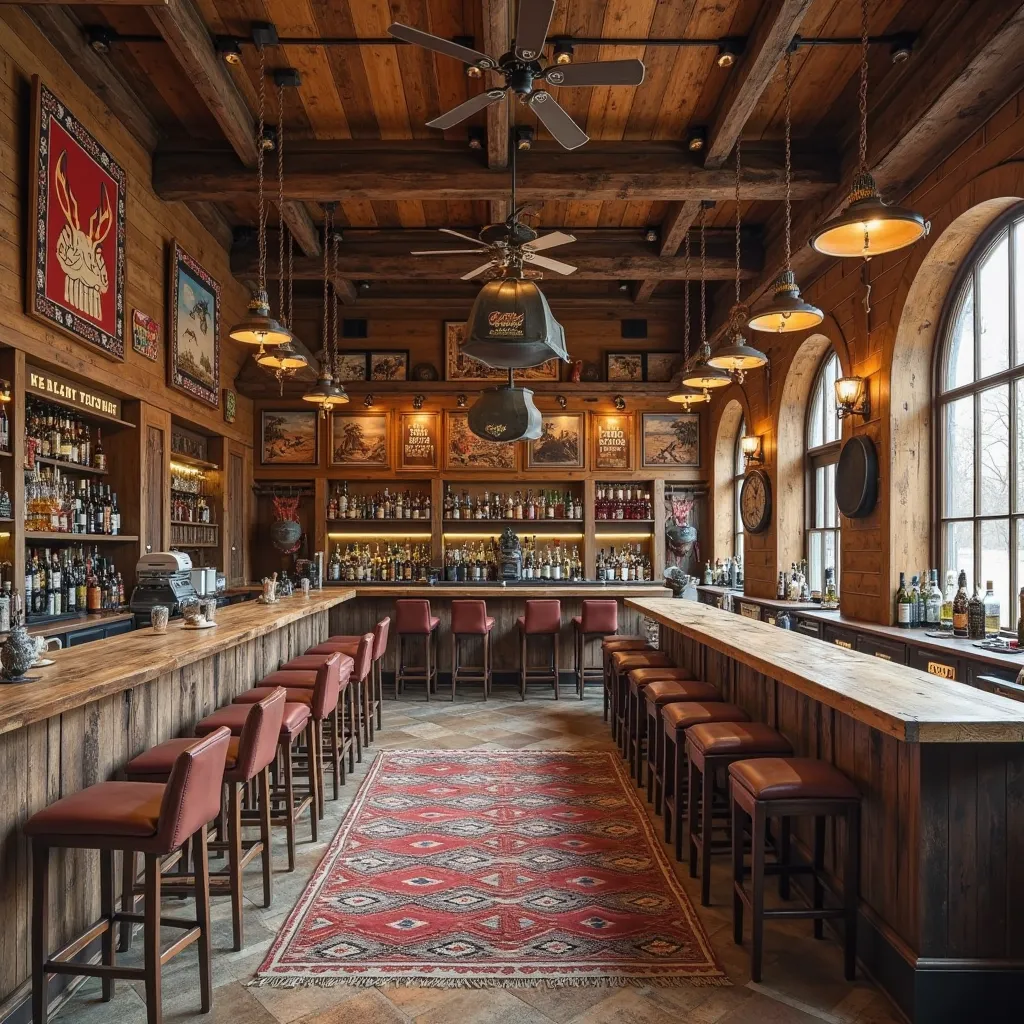 realistic photo, best quality, no humans, A cowboy western-style bar captures the essence of the Wild West, with rustic charm and rugged elegance. The space exudes a warm, earthy feel, featuring raw wood elements such as reclaimed wood walls, sturdy wooden...