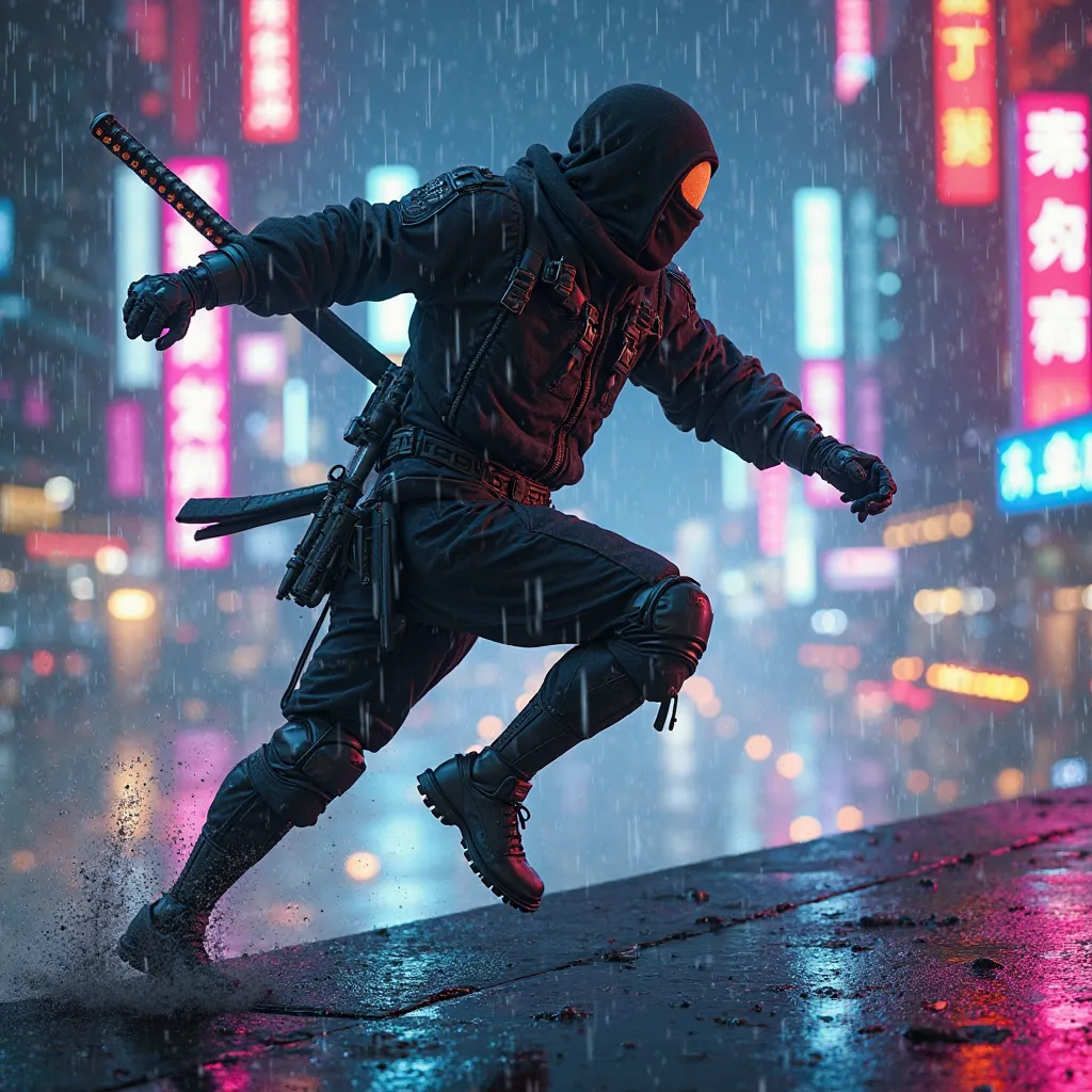 A modified cybernetic human with a katana, running like a ninja across a rooftop to the right. Bullets and dust flying towards him, frozen in mid-air. Side view, dynamic pose, neon-lit cyberpunk cityscape at night, glowing signs and holograms in the backgr...