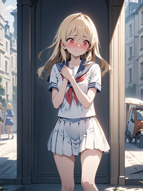 Sailor suit summer uniform, blonde medium hair,  girl with red eyes, Alone, French cityscape in the background,  alert ,  knee shot, corruption,  Shade, miniskirt, （NSFW:0.7）