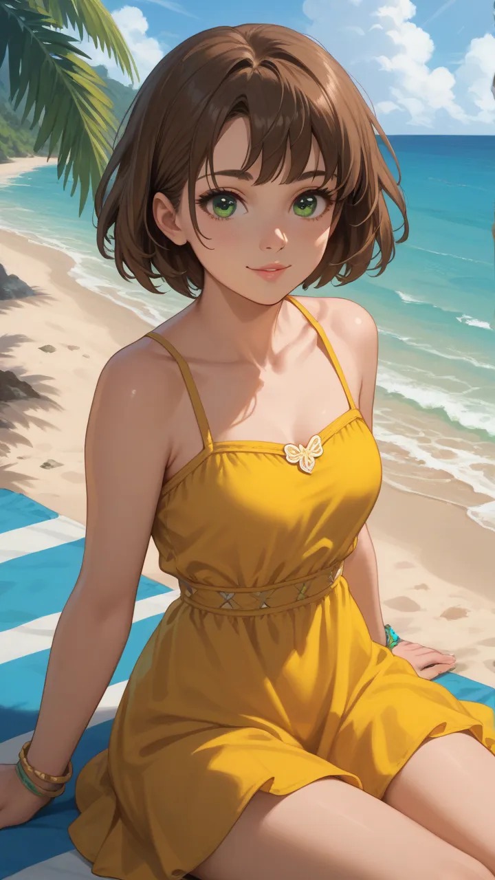 score_9, score_8, score_7, Break, selphie_kh, brown hair, short hair, green eyes, yellow dress. bracelet, sitting, beach, looking at viewer, cute, natural lighting