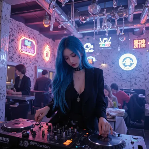 winter club 、 cool face、woman、DJ、neon、Club DJ、long hair、Blue Hair