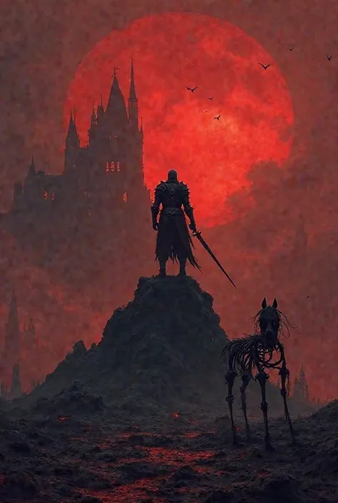 A dark, ominous night envelops the landscape. A lone knight stands tall and resolute on the jagged peak of a black butte, his silhouette stark against the blood-red sky. His armor is weathered and battle-worn, reflecting faint glimmers of the eerie crimson...