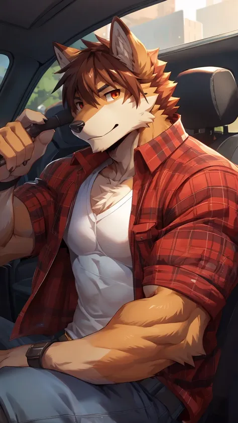 embedding:red wolf,male, orange eyes, Single Person,red fur,Long brown hair.The chest and abdomen are white fur.A film actor,Wearing a Flat cap,muscle,Blue windbreaker, Brown short jeans,Adult male,Handsome,Confident,Adulthood,Tall,Best quality hands, best...