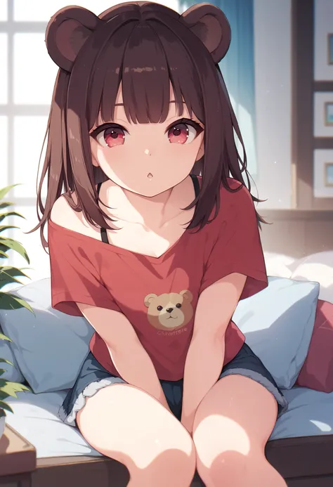 masterpiece, best quality, 1 cute small girl, shoulder length hair, dark brown hair, straight hair, straight bangs, fringe, bear ears, crimson eyes, cute small boobs, red t-shirt, sexy legs, on her room