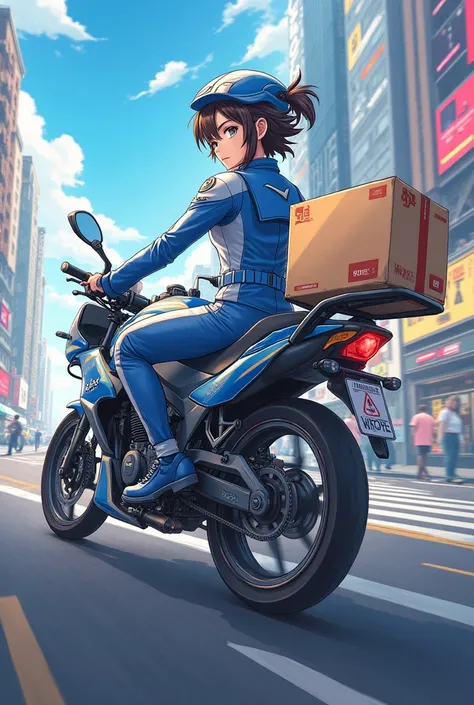 Anime parcel delivery rider side profile blue and white color