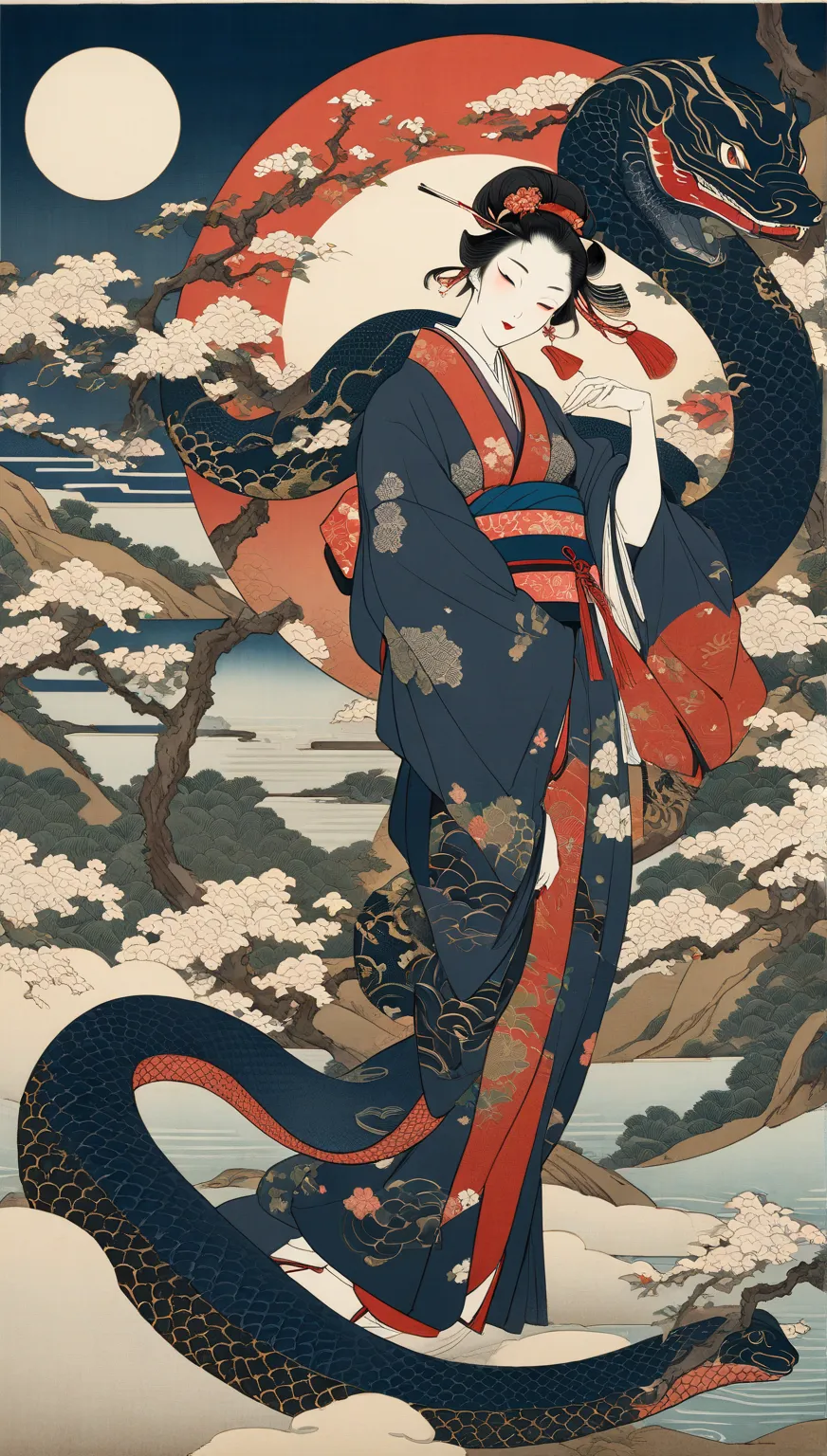 ukiyo-e, ultra complex high detail, beautiful japanese traditional culture, playing with snake