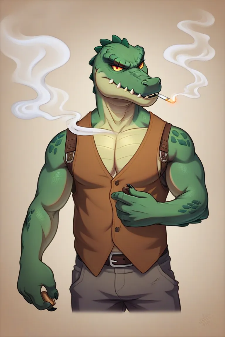 anthro crocodile, lagtrain girl pose, casual vest, smoking, scars on the left eye, male