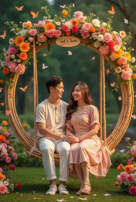 imagine a young Asian couple, facing the camera,with beautiful flowers with colorful butterflies², roses,Sunflower, full color,green and glowing,,bersender friendly, smile,,on a round swing made of rattan,,with flower decorations on top,with a nameplate wr...