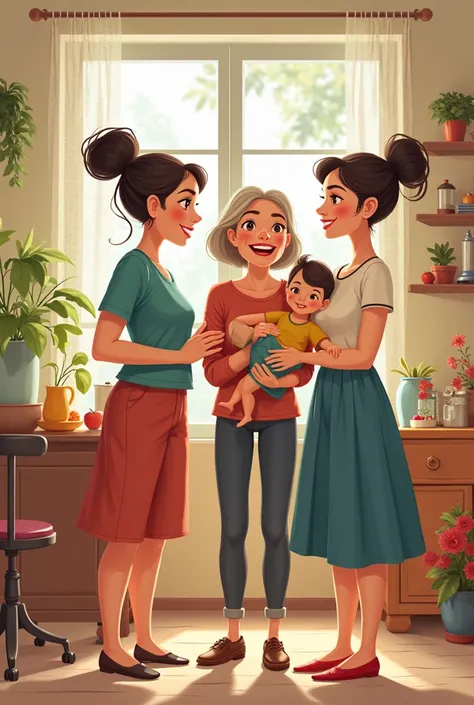 Create an image with four women: a teacher, a mother, a wife, and a grandmother in a cartoon style.