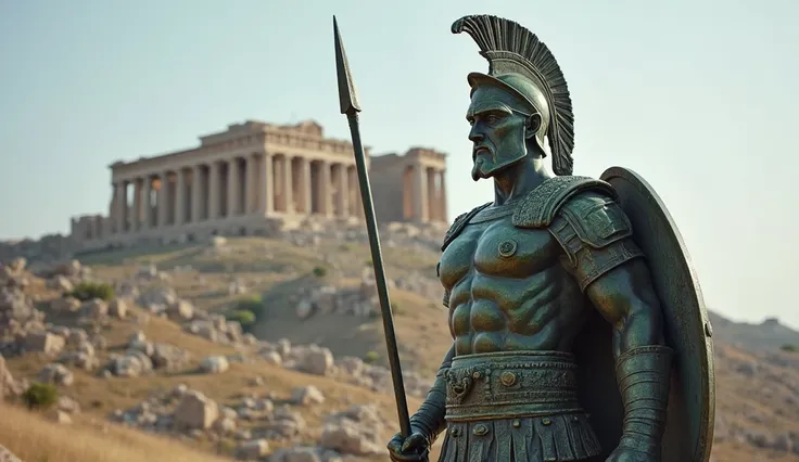 A heroic bronze sculpture of a Spartan soldier standing tall with a spear in one hand and a shield in the other, his gaze fixed toward the battlefield. Behind him, a war-torn acropolis stands in the distance