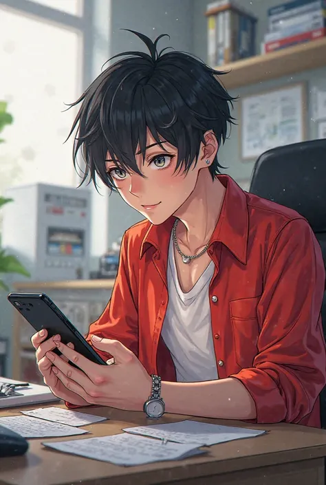 A man is sitting at his desk and playing with his cell phone, wearing red and white clothes, black hair, and his visual type is anime and is around , and makes various expressions.