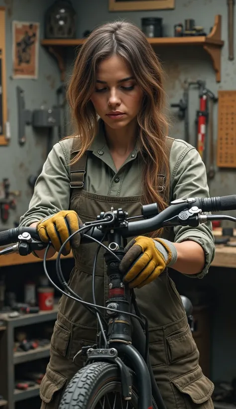 A woman is repairing a bicycle And he wears gloves on his hands