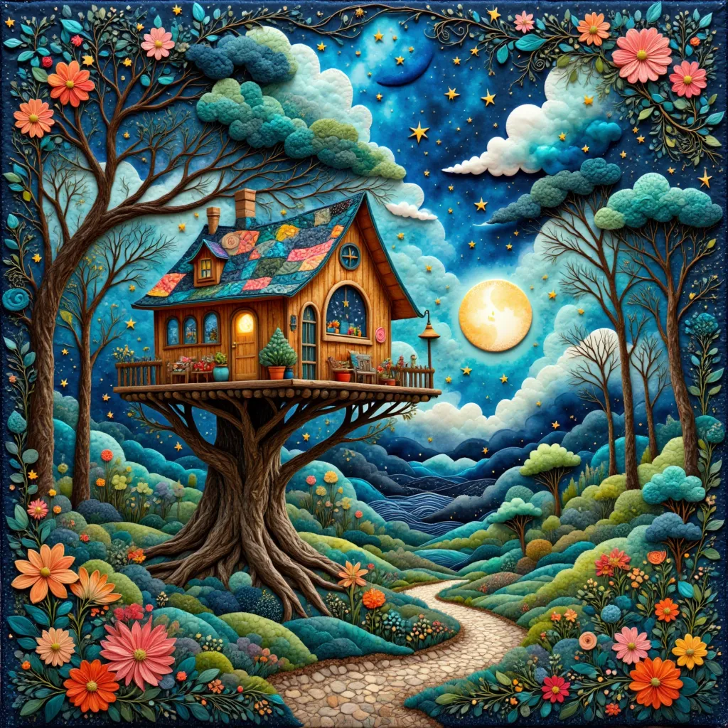 A masterpiece, the best composition, the best quality, the world of patchwork quilts, handmade style, tree house in the woods,white wall house,fantasy house,well lit,beautiful house on a forest path,beautiful details and colors,fairy tale place,mysterious ...