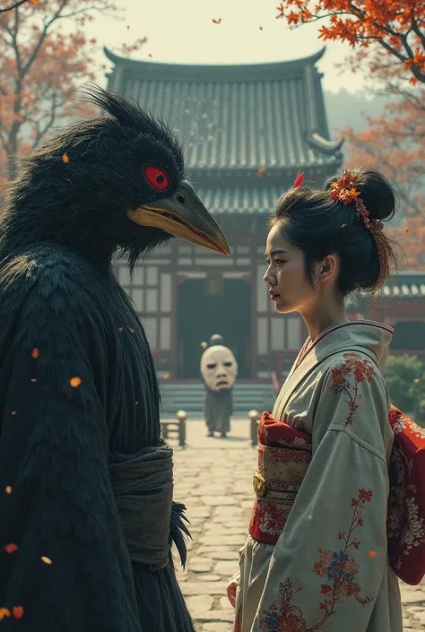 A scowl and a tengu together with a temple in the middle of the image and a geisha wearing a frown mask 