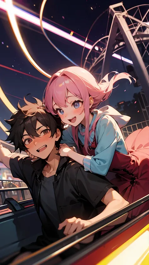 A young couple on a roller coaster. The girl has sparkling eyes, blushing cheeks, and is grabbing the boy's arm. The boy looks surprised but smiles warmly. The background features an amusement park at night, with a heartbeat effect symbolizing excitement.