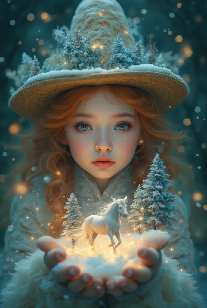 high definition double exposure  portrait,  poster  3d microworld inside hands, big eyes magic beautiful witch girl giving me a microworld landscape , on the  macro    ginger haired girl placed on the dark room   surface background , front angle shot  prof...