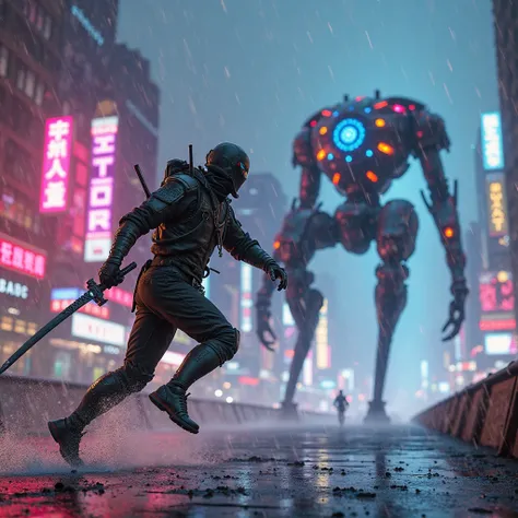 A modified cybernetic human with a katana, running like a ninja across a rooftop to the right. Bullets and dust flying towards him, frozen in mid-air. In the background, a massive robotic boss with three legs, inspired by the Transistor, glowing with blue ...