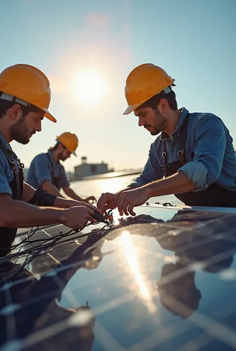 People are connecting wires to solar cells