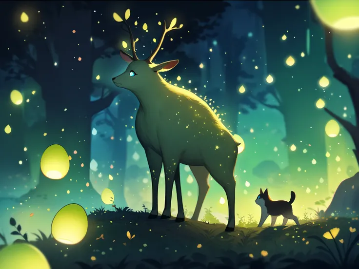 Picture of a deer carrying a cat,  Premium Prints On Sale ,  Breathtaking Art , whimsical art,  dreamy art,  just a joke , Among the golden fireflies,  In a Wonderful Golden Firefly , Pleasant night fireflies, Limited Edition Print , beeple と jeremiah ketn...