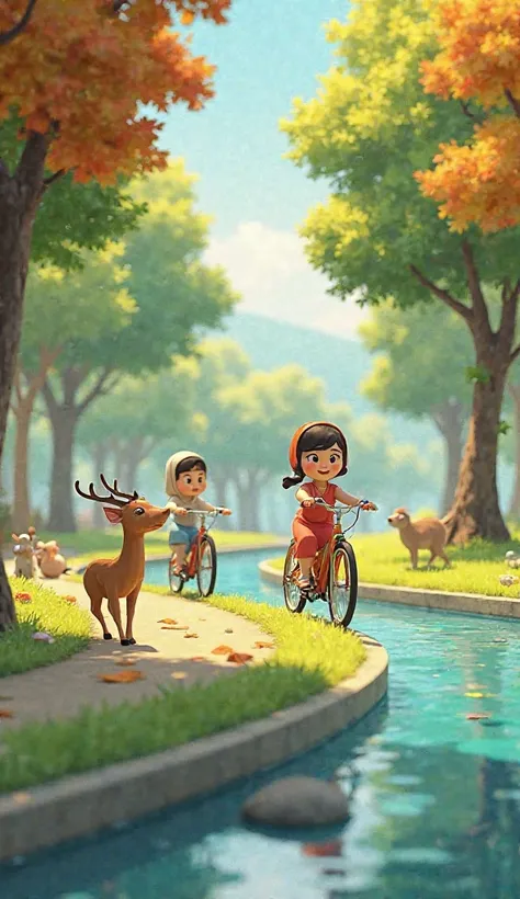 Here’s a detailed prompt for generating a full 3D cartoon similar to the image:


---

Prompt:
"A vibrant 3D cartoon scene featuring a peaceful park with a clear winding river surrounded by lush green grass and tall trees with varying shades of green and a...