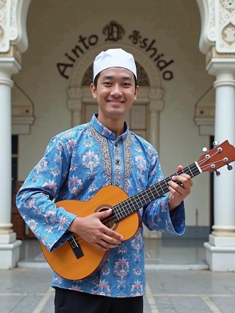 young handsome Indonesian man, wearing a white peci on the head , blue white cocoon shirt Islamic motif long sleeves,  black pants, man hands holding guitar, their face smile closed mouth facing the camera, both hands holding ukelele musical instrument,  T...