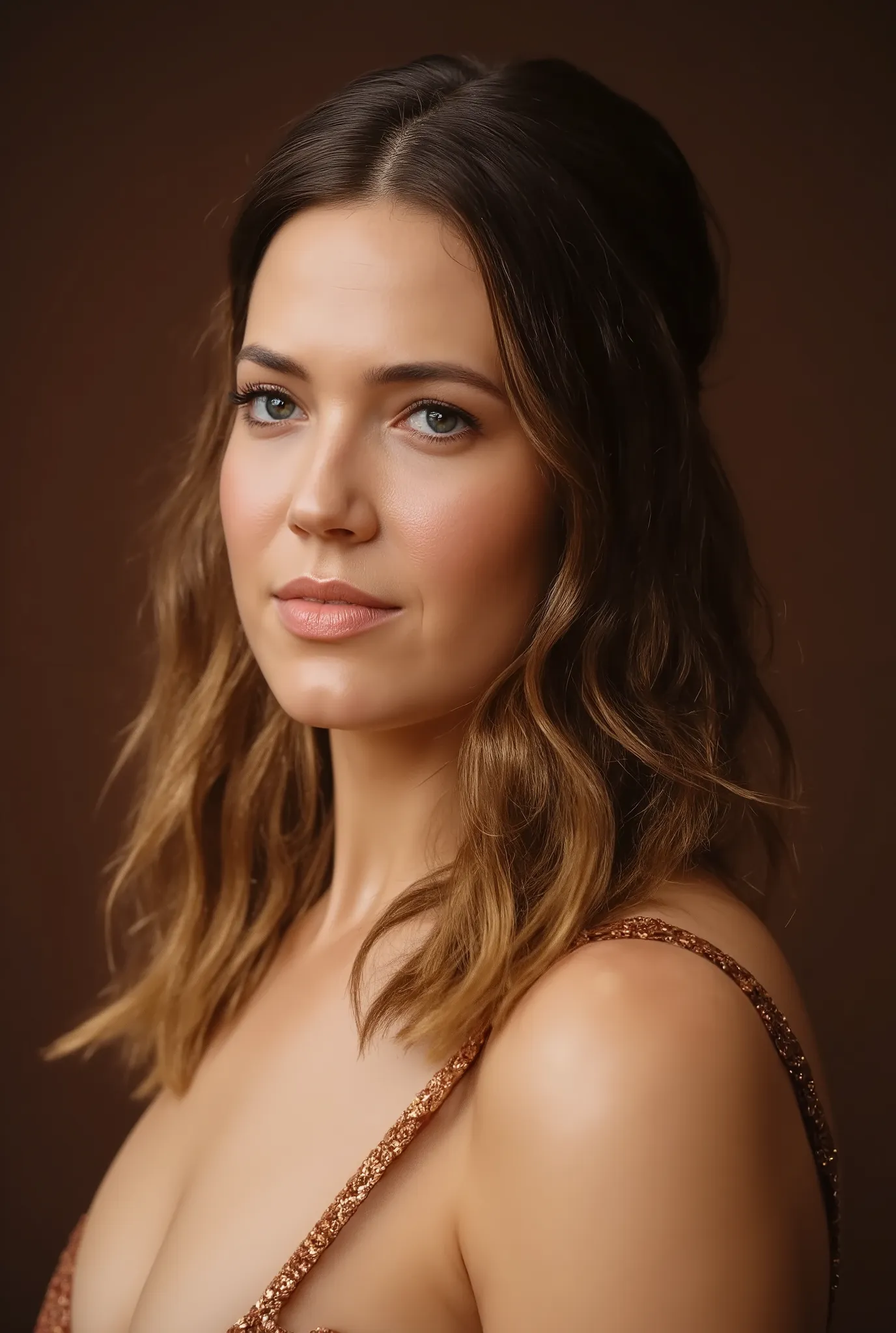 best quality, highres, 8k, masterpiece, photography, detailed midbody photorealistic portrait. Mandy Moore wears a modern cheongsam/qipao that blends her elegance with traditional Chinese design. The dress features a plunging neckline and flowing fabric, f...