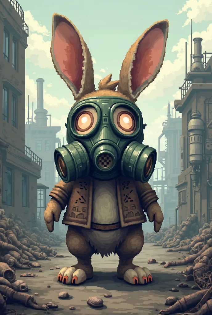 Pixel art rabbit in a gas mask 