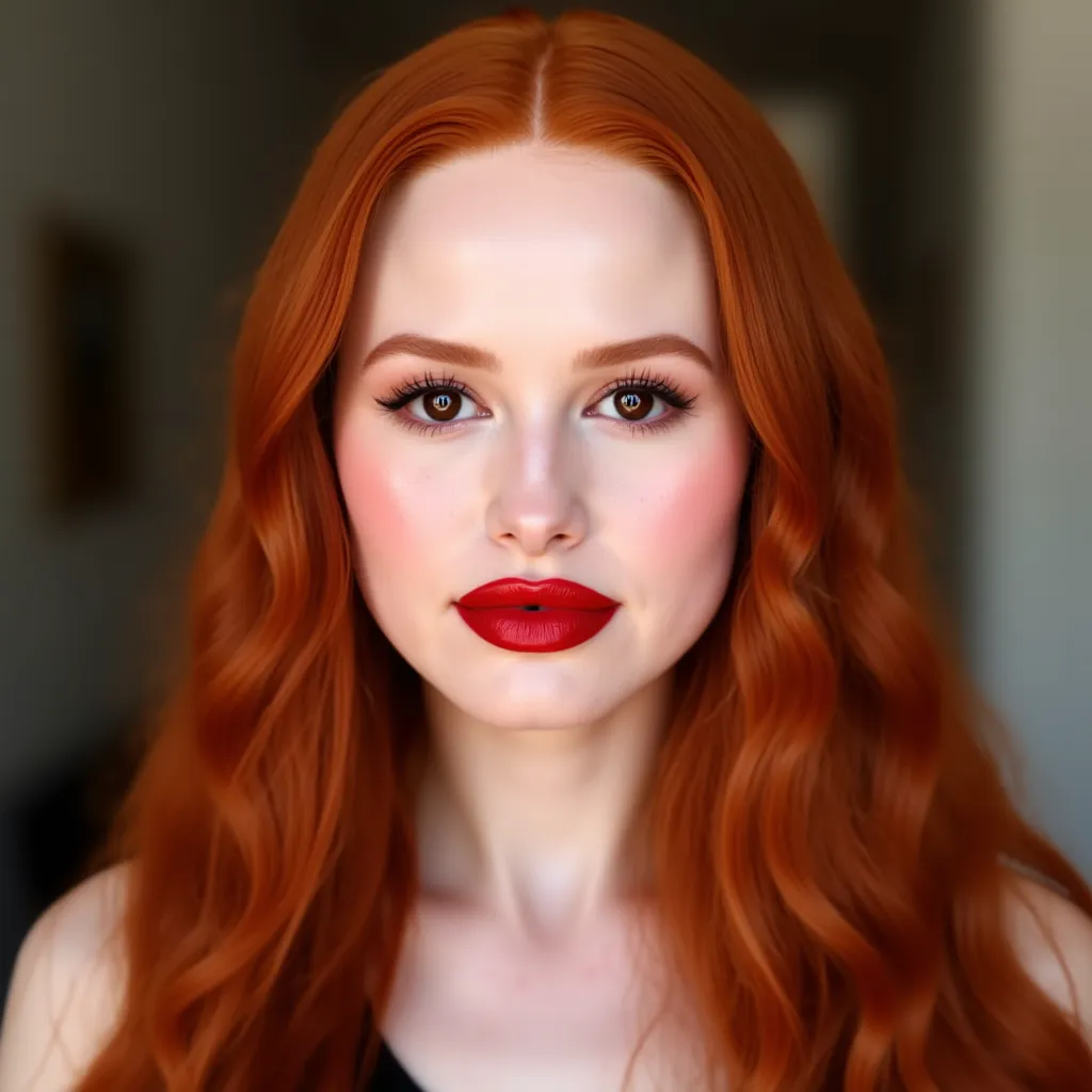  She's a beautiful young woman  (( Madelaine Petsch )), I am 26 years old, a dark red tone, big,  perfect and shiny brown eyes , thin casual wear lipstick with a discreet smile, red lipstick,  casual wear, And long straight hair, blurred rose bronze backgr...