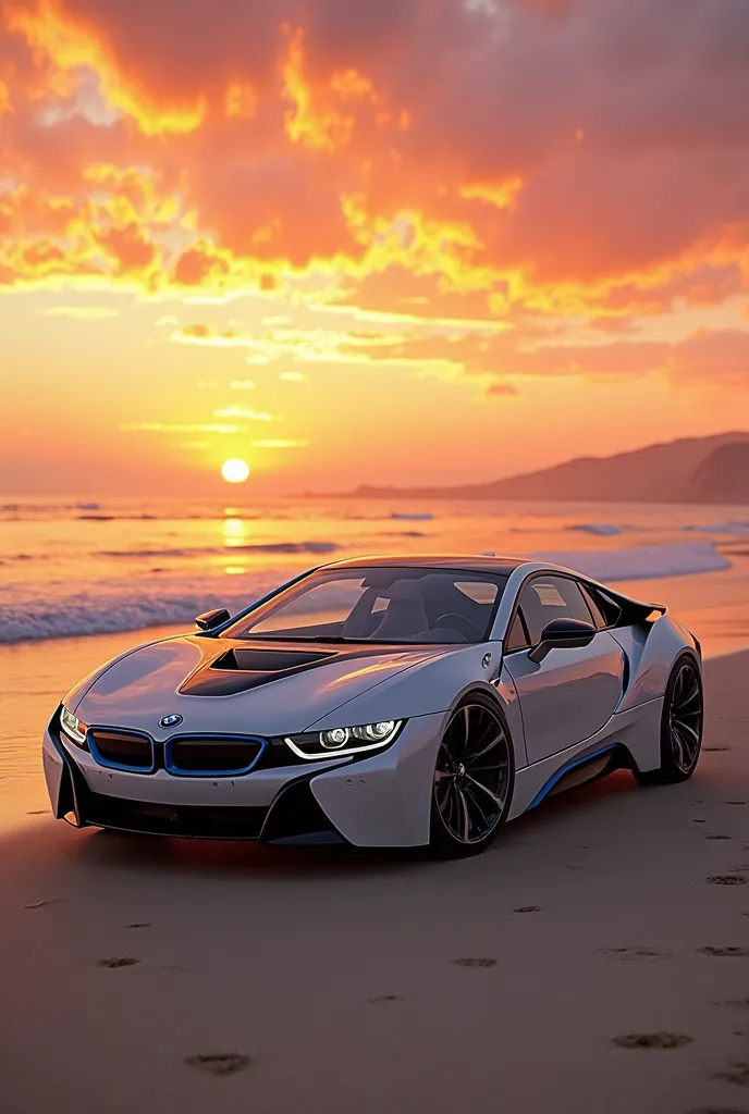 Bmw i8 at the beach with sunset 