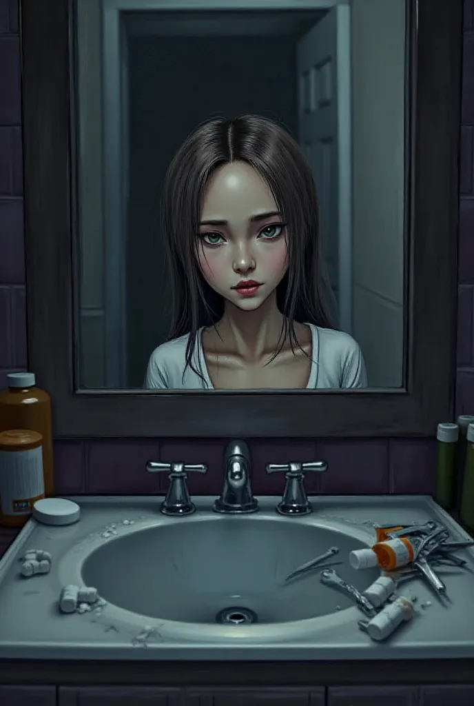 Girl in front of the bathroom mirror feeling sad With depression, pills and blades on the table