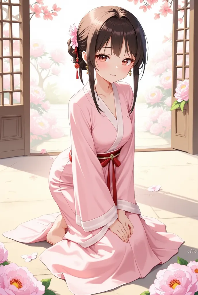 Anime girl kneeling on the ground,place your hands on your knees, 美丽anime girl蹲着,  attractive anime girl , Relaxed Posture,  Holding knees , Smooth anime CG illustration, anime girl, Cute girl anime image, Pastel anime illustration,  Wearing a simple robe ...