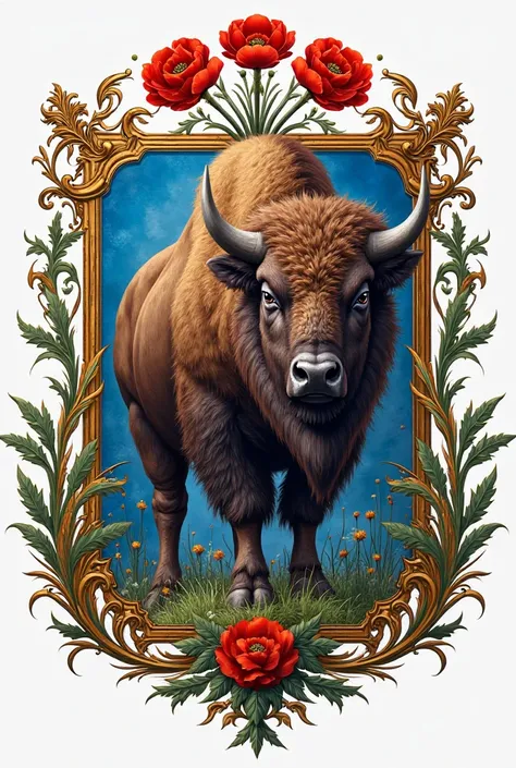 coat of arms of Ukraine with animal bison there poppy plant
