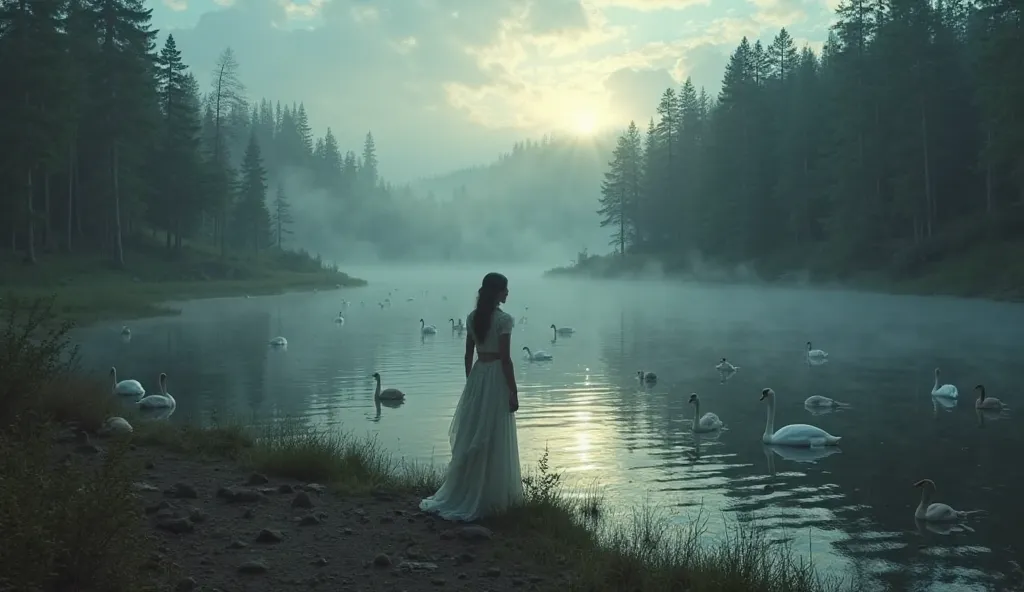 "As the Swan Queen disappears into the mist, her ethereal form blending with the shimmering water, Abigail stands alone on the shore, the weight of her promise heavy in her chest. The lake before her reflects the fading light, casting an aura of both myste...