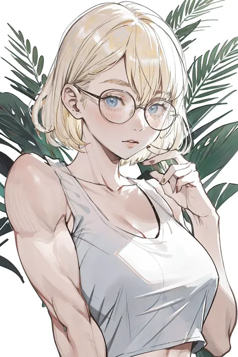 a young blonde muscular woman, short hair, big round glasses; nerdy,muscles. she wears a white tank top and panties. she is very muscular. she pulls on her tank top to reveal her chest. she has small breasts but defined muscles.