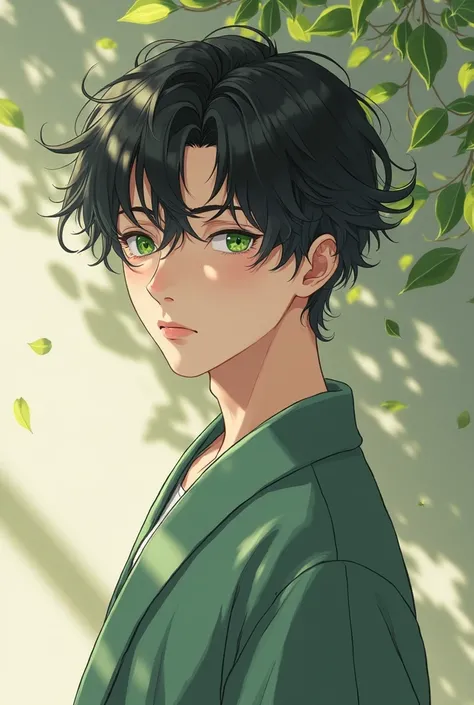 A boy 25 year-old has a gentle yet striking beauty. His soft black hair, slightly tousled, naturally frames his delicate face. His green eyes, as bright as emeralds under the sunlight, carry a gentle and profound depth, as if holding countless unspoken tho...