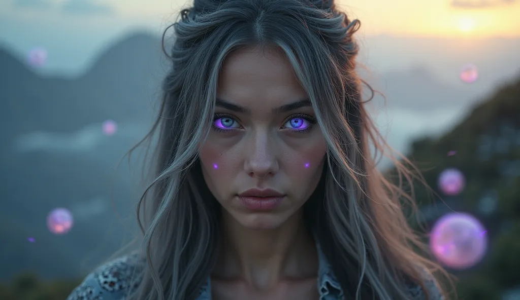 Mystical portrait of a 27-year-old brunette woman with silver streaks in her dark hair and glowing violet eyes. She wears an intricate patterned cloak, and the background is a misty mountainscape with floating orbs of light. Fantasy-inspired, richly detail...