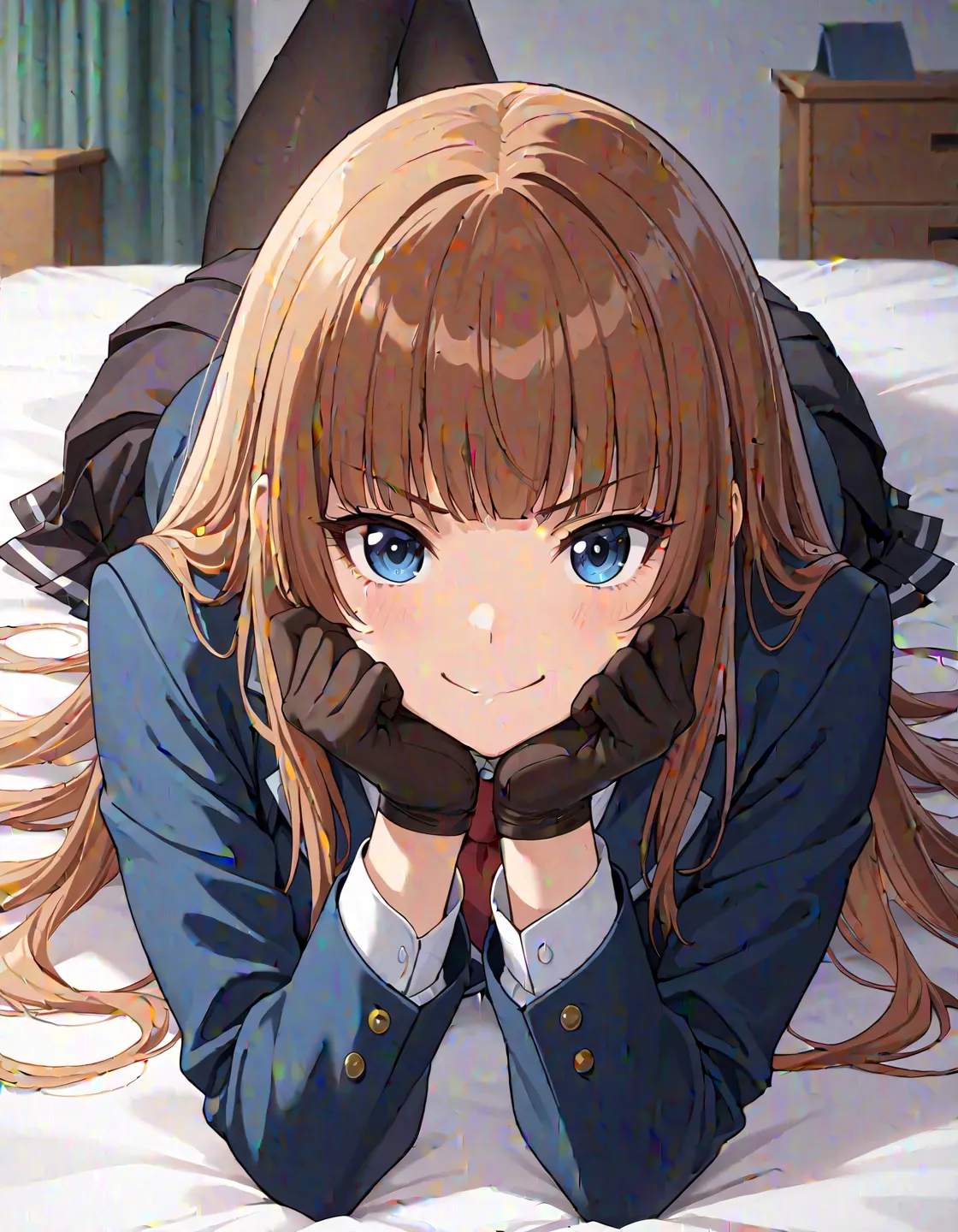 1 girl, Alone, Takagawa Asuka Uni, brown hair,  long hair,  blunt bang,  blue eyes,  school uniform,  blue blazer, red tie, black skirt, pleated skirt, pantyhose,  Black Glove, gloves to hang on the wrist,  lies, On the stomach, headrest, Put your hands on...