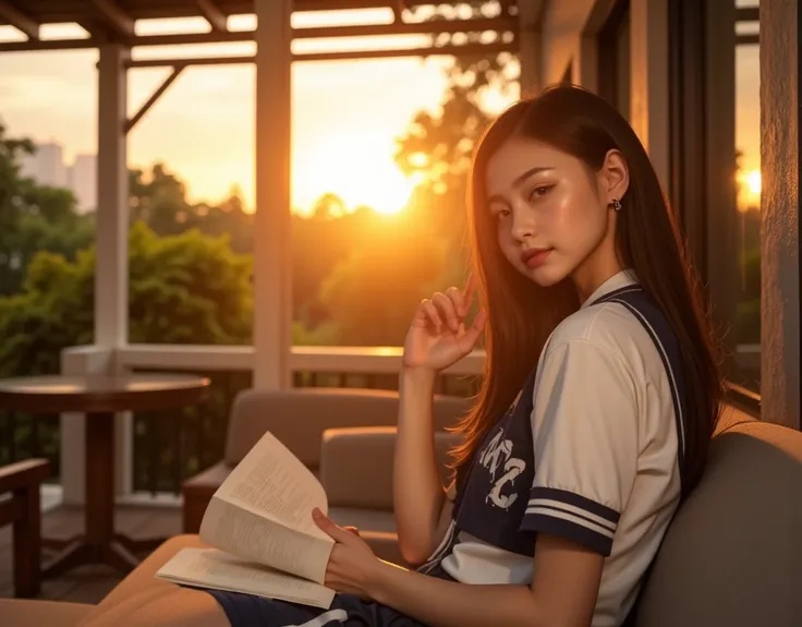 1girl Unbuttoned top cute age girl,school uniform,couch,veranda,studying,sunset,photorealistic,intricate details,warm lighting,relaxed pose,focused expression,long hair,big eyes,soft skin,detailed uniform,meticulously rendered,lush foliage,glowing sunset s...