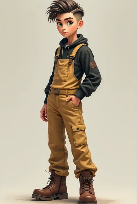 Boy  175 cm tall, short striped, athletic build , Straw jumpsuit,  work boots ,  black sweater, green eyes, pumped up and adult