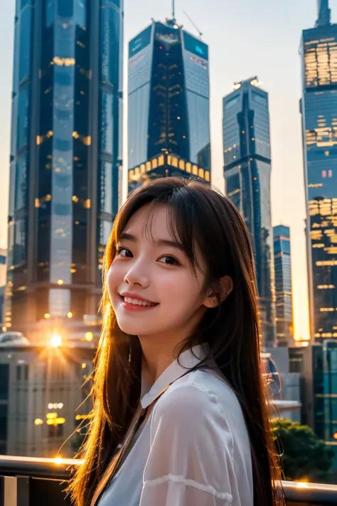  cute face like an 18-year-old idol in a luxury hotel　Smiles Gently　Whole body　(((Beautiful sunset in a big city lined with skyscrapers)))　live-action　High Artistic Quality　 RAW photos 　Genuine