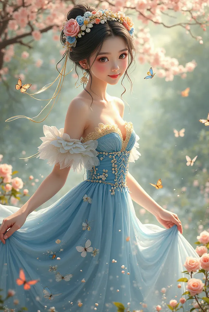 Ai Spell:Classical handwriting style，in Yushu Xin blue，heart shaped face，Collagen with a full face，Spiritual and lively。Wearing an antique princess dress，There are many delicate lace and pearl decorations on the skirt，Fluffy Skirt 。A gorgeous crown of flow...