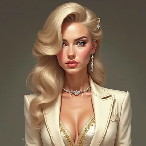 [In semi-realistic digital painting, 2D, semi-realistic midjourney]
Genevieve Noelle Cavendish's **upper-body portrait** exudes the opulence and refinement befitting *The Princess of Privilege*. Her **light golden blonde hair**, styled in a **luxurious hal...