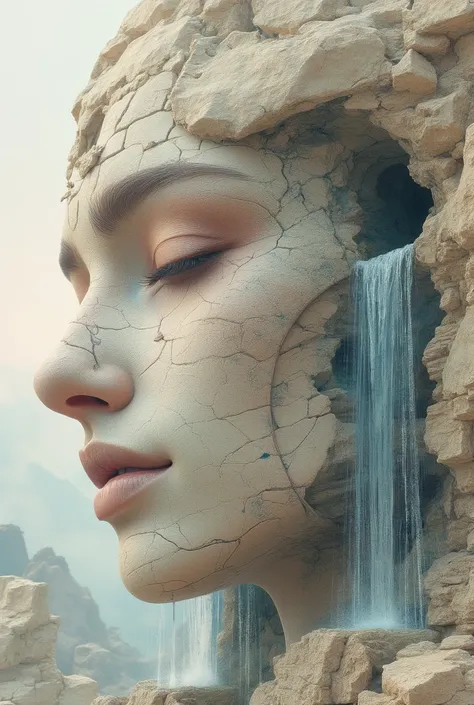 architectural style Stone Face in the rock, waterfalls pouring out of the eye sockets. The texture of the stone on your face. there's a lake down there.
 clean lines, geometric shapes, minimalist, modern, architectural drawing, highly detailed