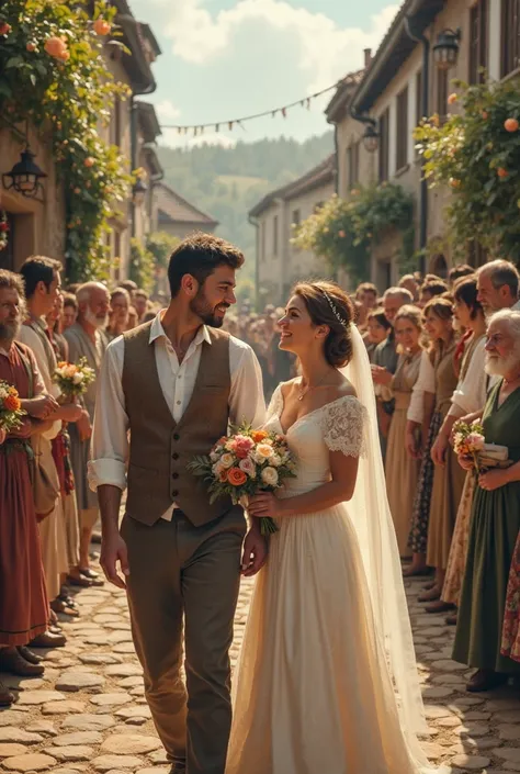 Ordinary folk wedding party of medieval Europe, where the village bride wears a pretty plain white dress, and the groom smiles happily in the courtyard of the old European countryside happy atmosphere