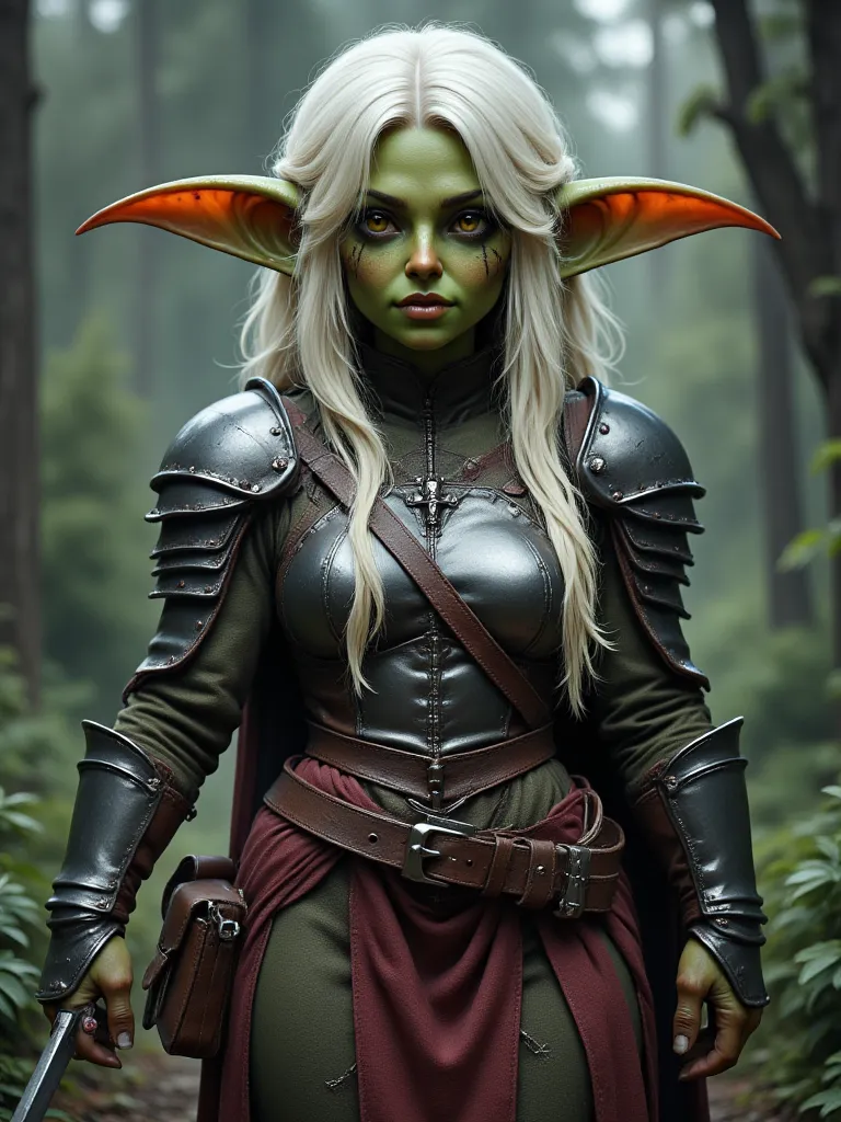 full shot goblin girl, attractive body, long hair, white hair, leather armor, holding medieval weapon