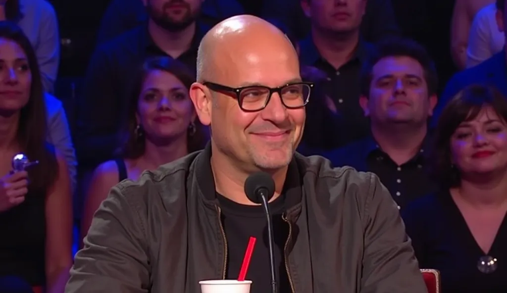 The image shows a bald man wearing glasses and a dark-colored jacket, sitting in front of a microphone on a television show. He has a calm expression with a slight smile and appears to be focused on something happening in front of him.

In front of him is ...